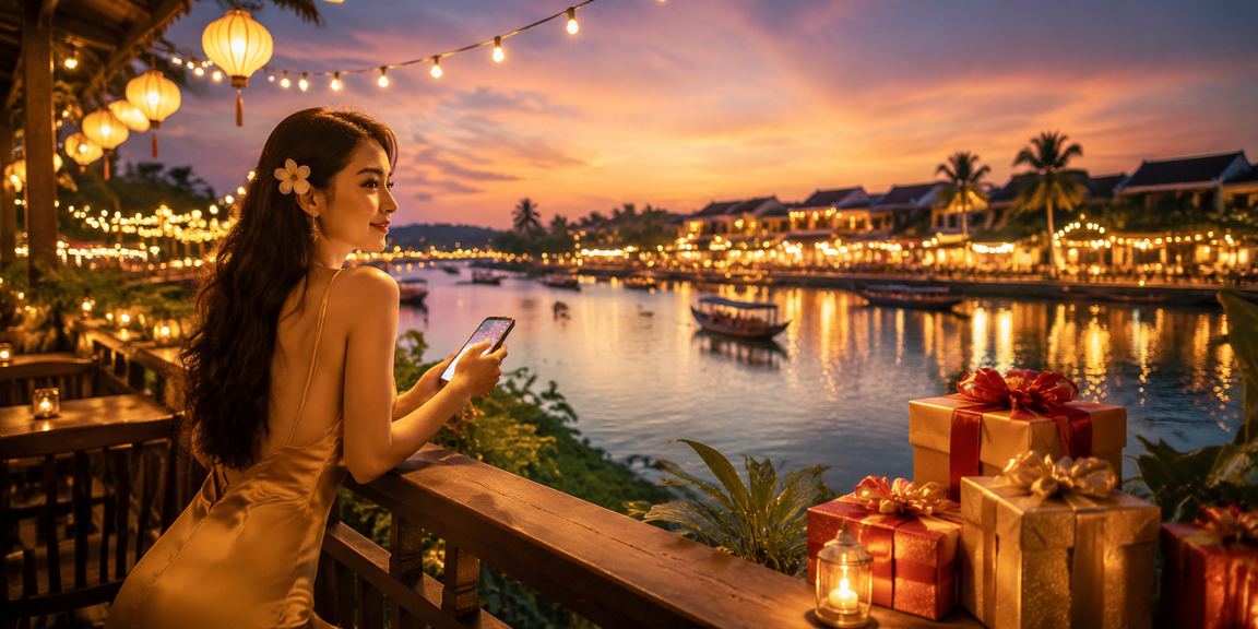 Người dùng Hội An xem casino mobile và thông tin tài khoản VIP trong quán cà phê